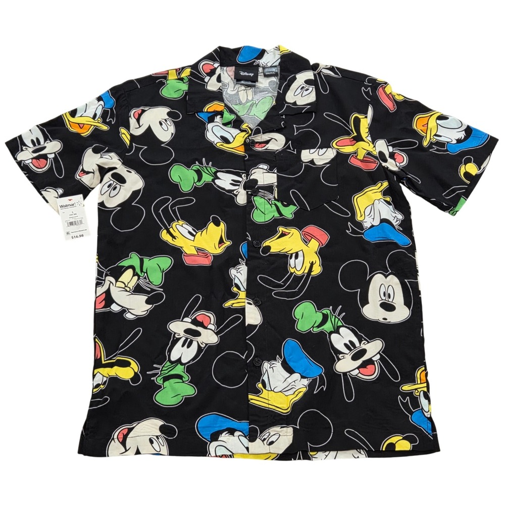 Disney Friends Heads Mickey Mouse Donald Plutto Short Sleeve Button Down Shirt S